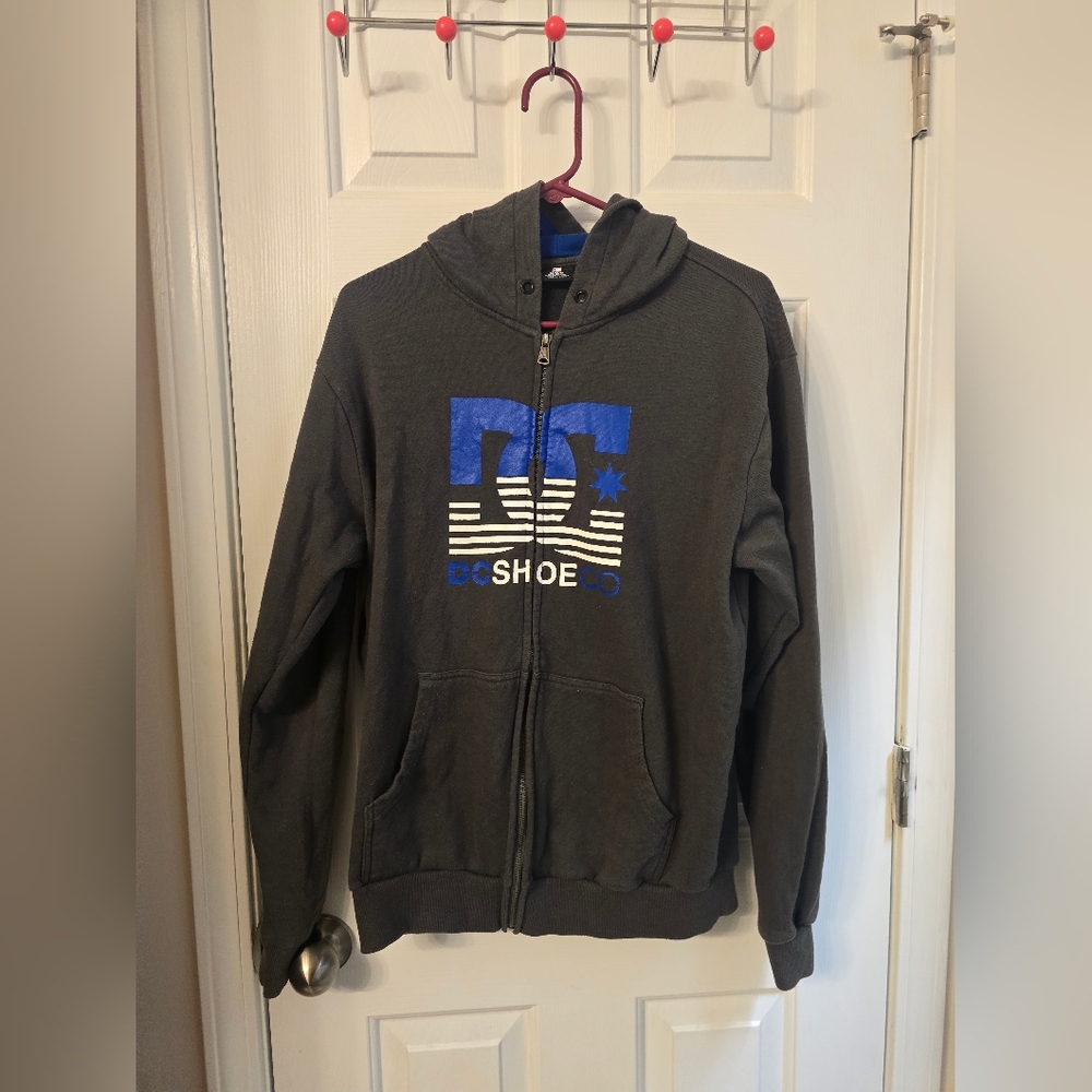 DC Men's Dark Gray Zip-Up Hoodie with Blue Logo